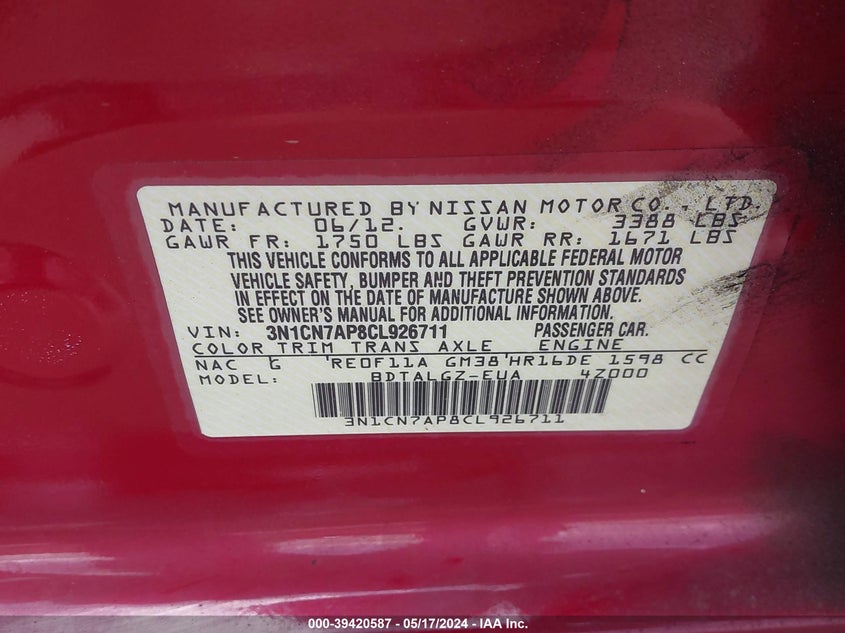 2012 Nissan Versa 1.6 Sl VIN: 3N1CN7AP8CL926711 Lot: 39420587