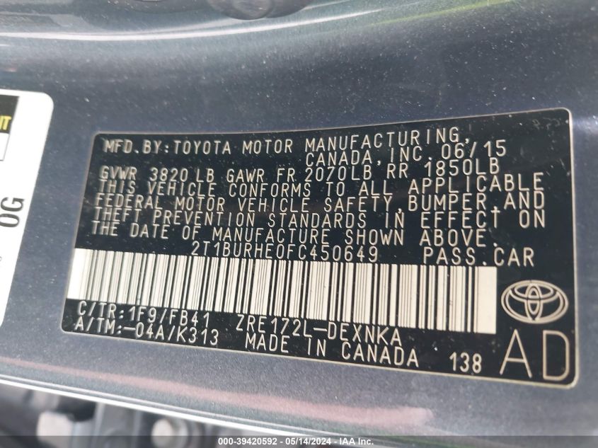 2015 Toyota Corolla L/Le/Le Pls/Prm/S/S Pls VIN: 2T1BURHE0FC450649 Lot: 39420592