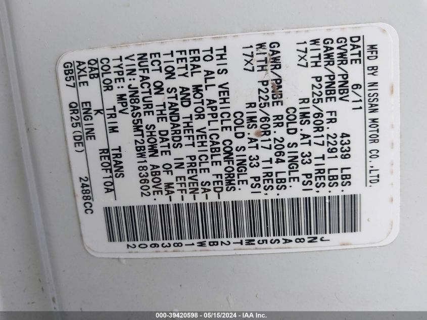 2011 Nissan Rogue Sv VIN: JN8AS5MT2BW183602 Lot: 39420598