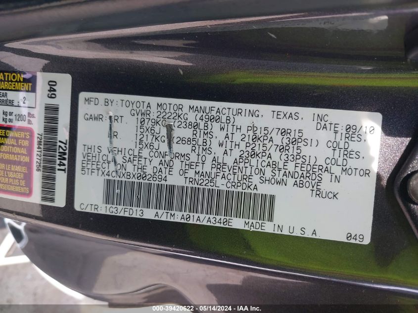 2011 Toyota Tacoma VIN: 5TFTX4CNXBX002694 Lot: 39420622