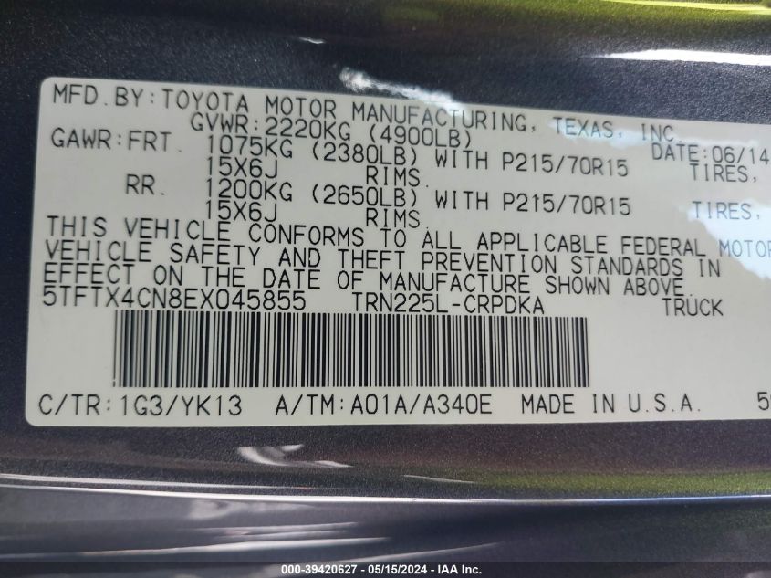 2014 Toyota Tacoma VIN: 5TFTX4CN8EX045855 Lot: 39420627