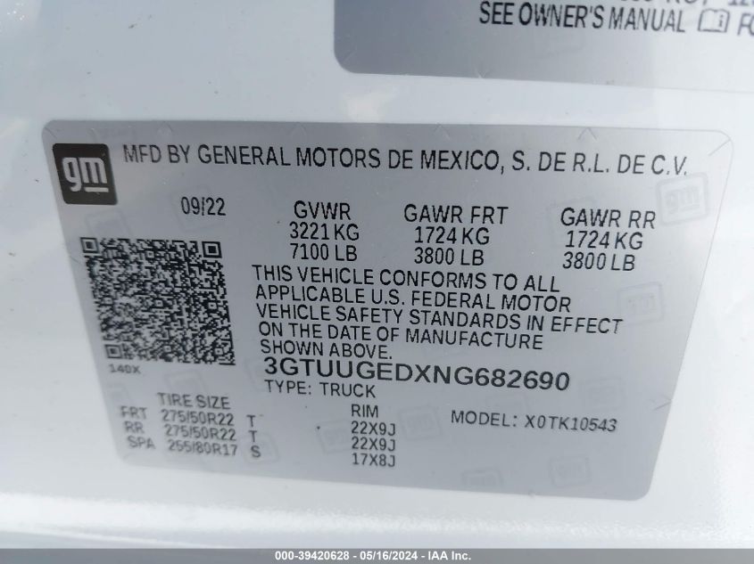 2022 GMC Sierra 1500 4Wd Short Box Denali VIN: 3GTUUGEDXNG682690 Lot: 39420628