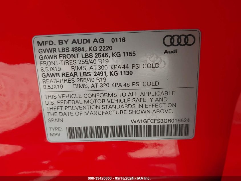 2016 AUDI Q3 2.0T PREMIUM PLUS - WA1GFCFS3GR016524