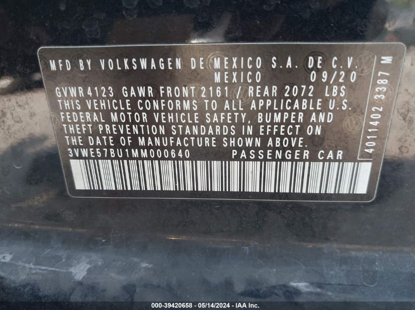 3VWE57BU1MM000640 2021 Volkswagen Jetta 1.4T Sel