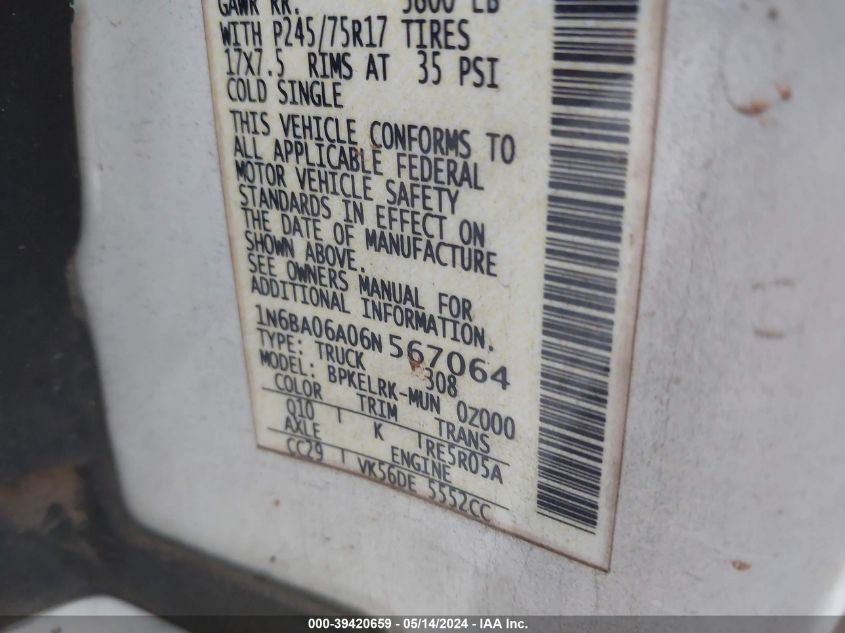 2006 Nissan Titan Xe VIN: 1N6BA06A06N567064 Lot: 39420659