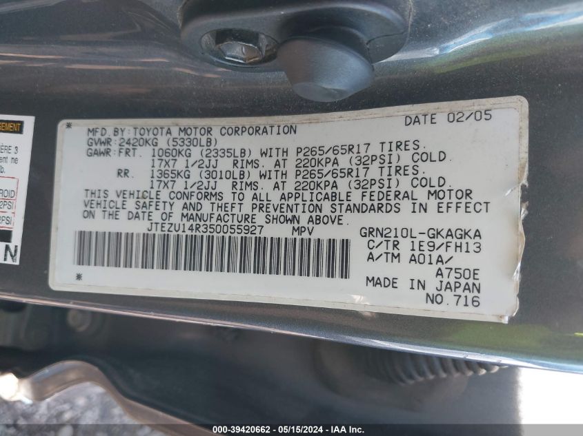 2005 Toyota 4Runner Sr5 Sport V6 VIN: JTEZU14R350055927 Lot: 39420662