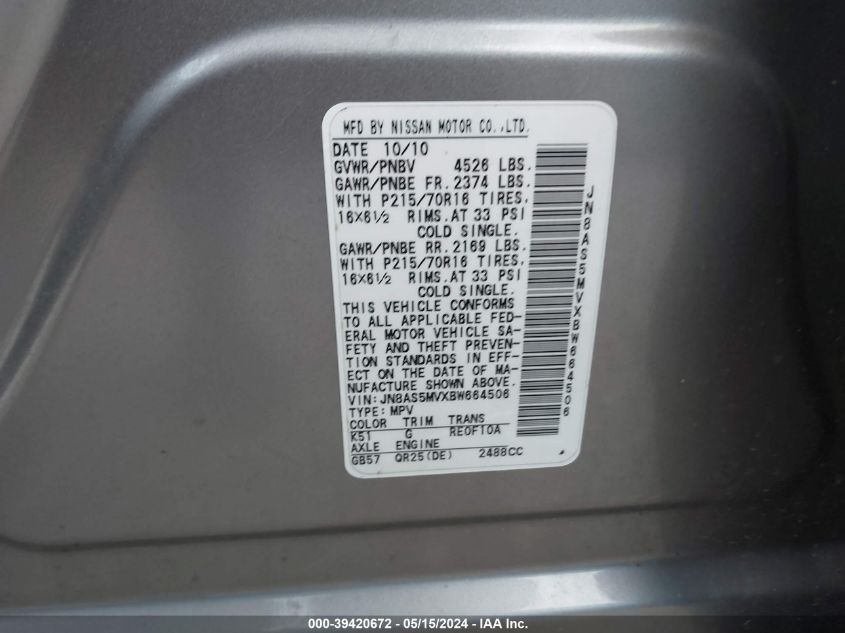 2011 Nissan Rogue S VIN: JN8AS5MVXBW664506 Lot: 39420672