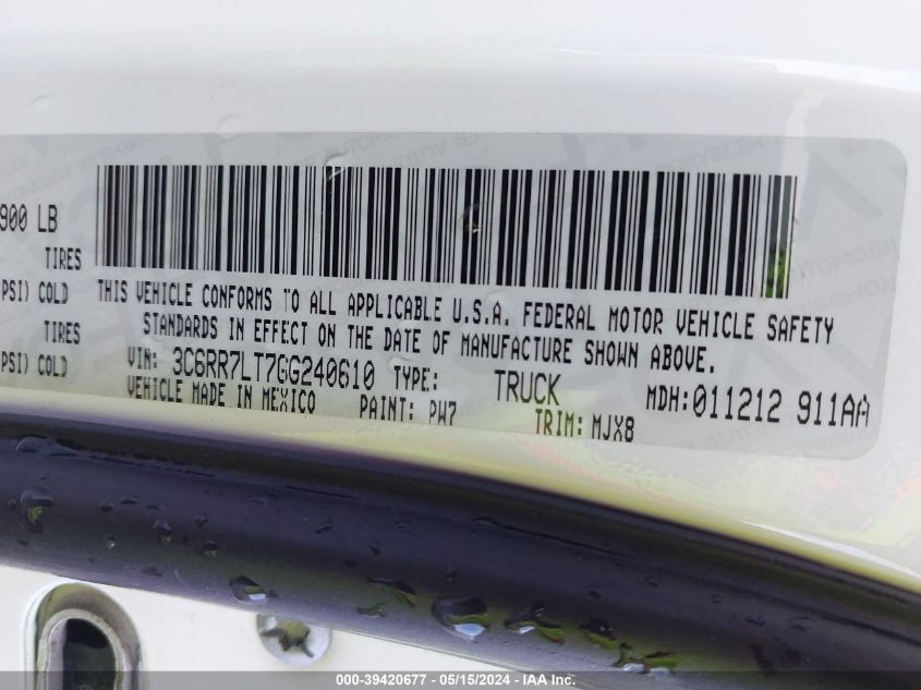 2016 Ram 1500 Big Horn VIN: 3C6RR7LT7GG240610 Lot: 39420677