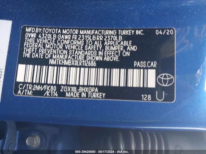 2020 Toyota C-Hr Xle VIN: NMTKHMBX0LR112686 Lot: 39420680