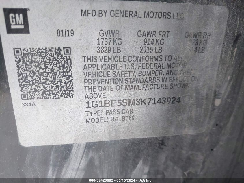 2019 Chevrolet Cruze Lt VIN: 1G1BE5SM3K7143924 Lot: 39420682