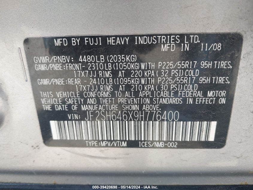 2009 Subaru Forester 2.5X Limited VIN: JF2SH646X9H776400 Lot: 39420698