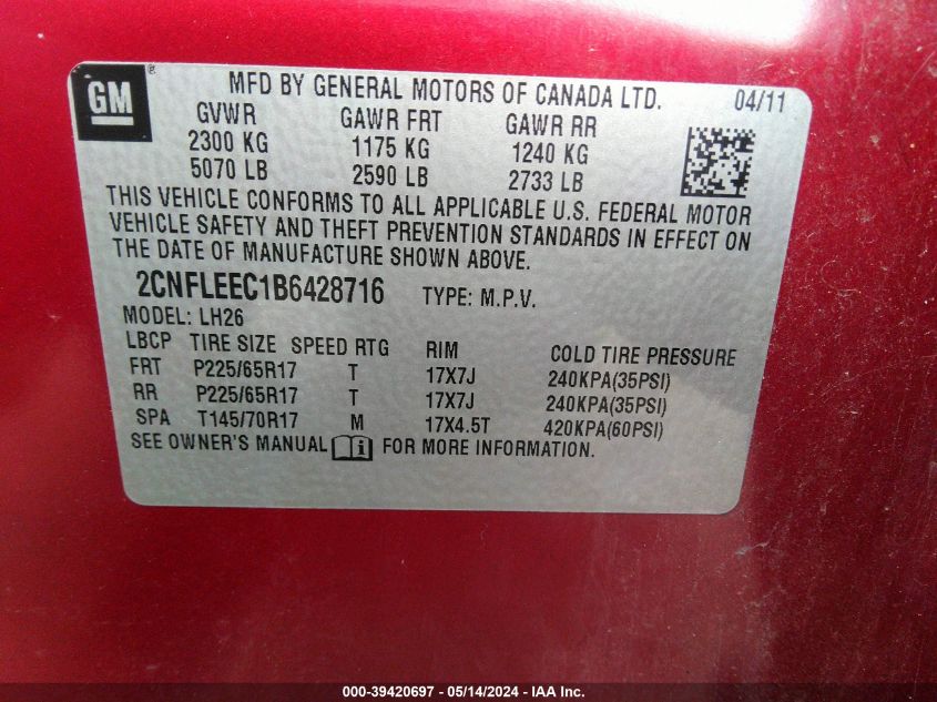 2011 Chevrolet Equinox 1Lt VIN: 2CNFLEEC1B6428716 Lot: 39420697