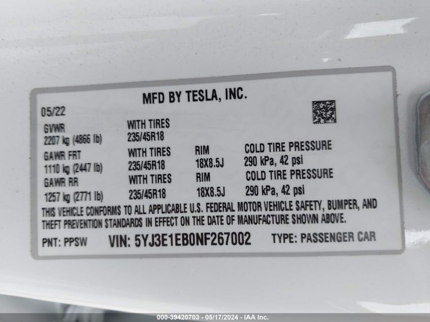 2022 Tesla Model 3 Long Range Dual Motor All-Wheel Drive VIN: 5YJ3E1EB0NF267002 Lot: 39420703