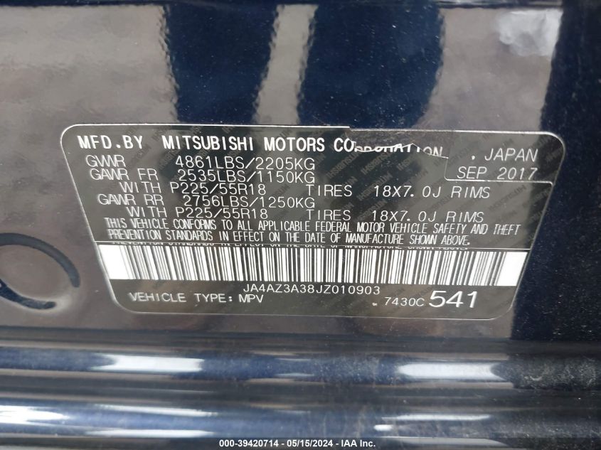 2018 Mitsubishi Outlander Es/Le/Se/Sel VIN: JA4AZ3A38JZ010903 Lot: 39420714