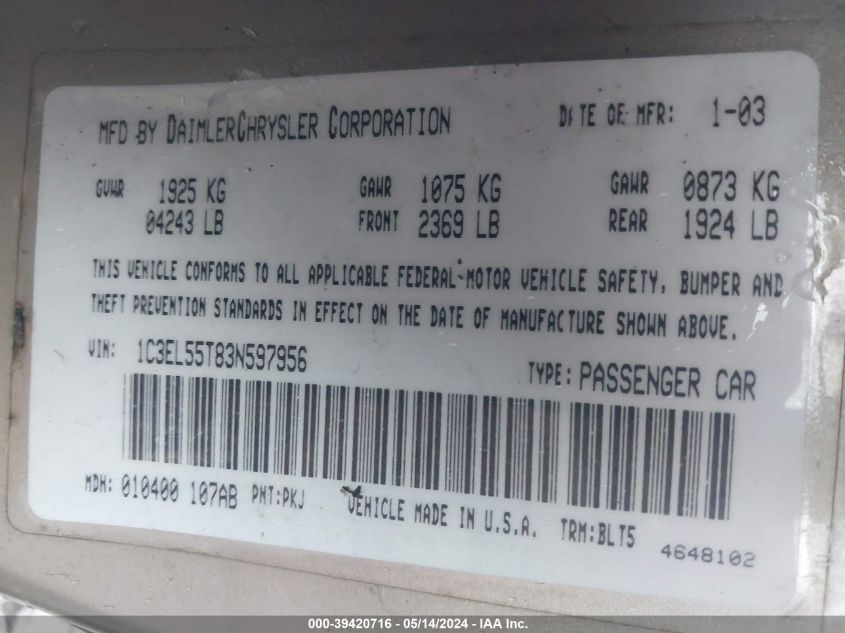2003 Chrysler Sebring Lxi VIN: 1C3EL55T83N597956 Lot: 39420716