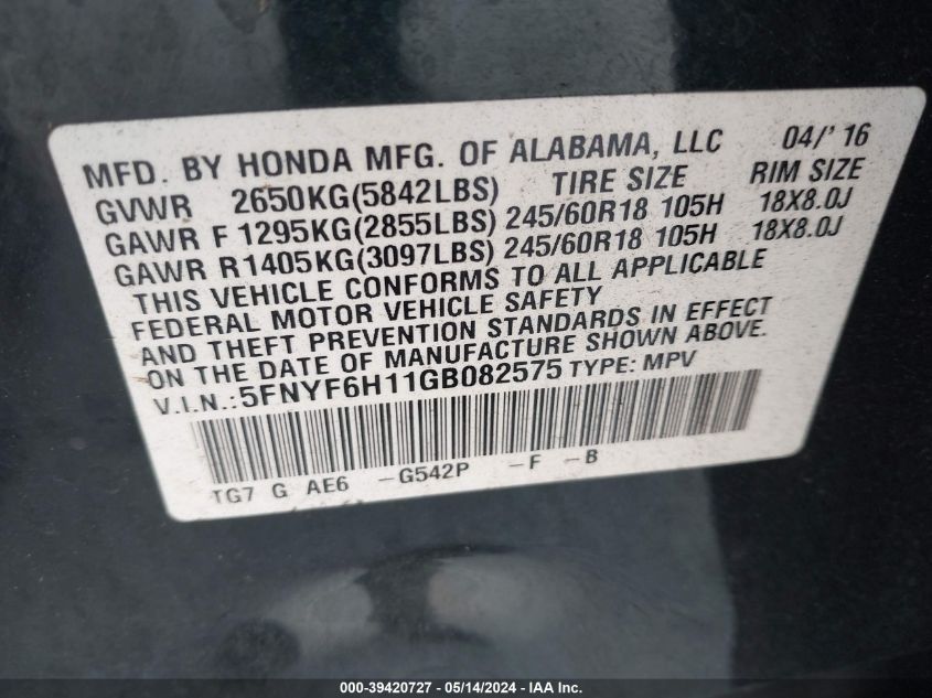 2016 Honda Pilot Lx VIN: 5FNYF6H11GB082575 Lot: 39420727