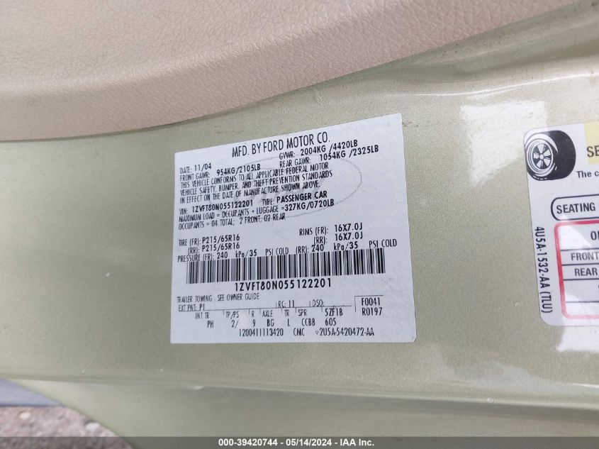 2005 Ford Mustang VIN: 1ZVFT80N055122201 Lot: 39420744