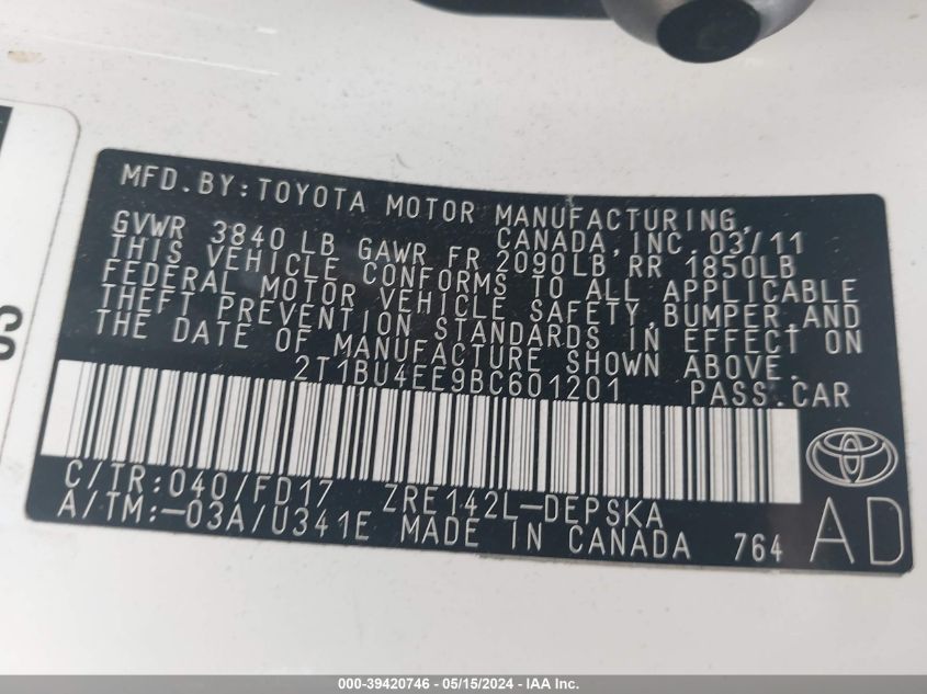 2011 Toyota Corolla S VIN: 2T1BU4EE9BC601201 Lot: 39420746