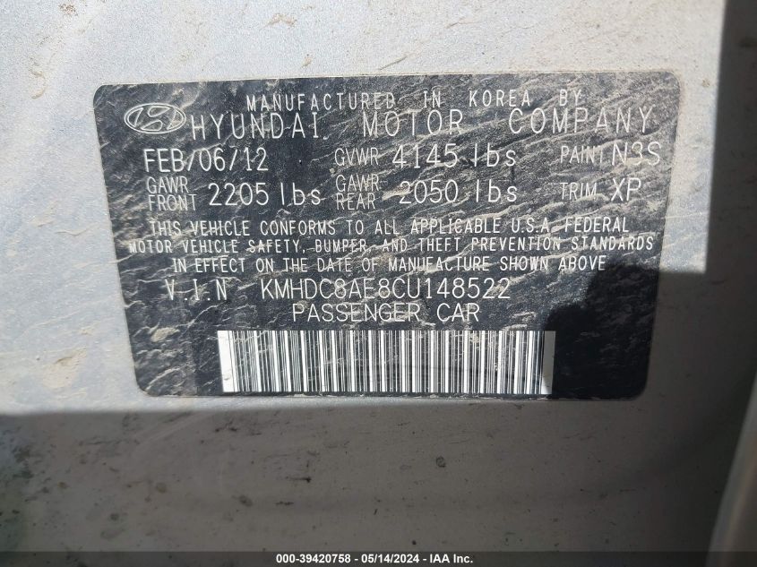 2012 Hyundai Elantra Touring Se VIN: KMHDC8AE8CU148522 Lot: 39420758