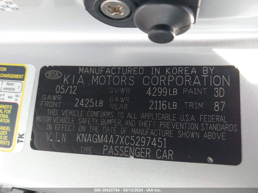 2012 Kia Optima Lx VIN: KNAGM4A7XC5297451 Lot: 39420764