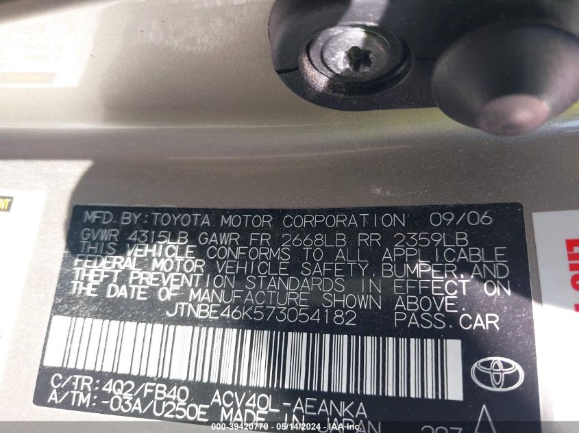 2007 Toyota Camry Ce VIN: JTNBE46K573054182 Lot: 39420770