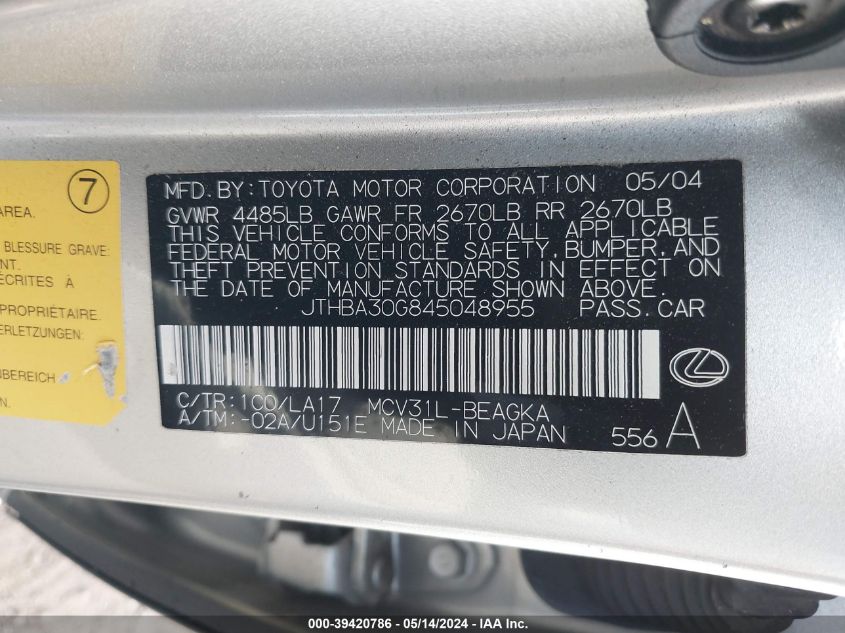 2004 Lexus Es 330 VIN: JTHBA30G845048955 Lot: 39420786