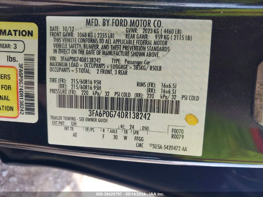 2013 FORD FUSION S - 3FA6P0G74DR138242