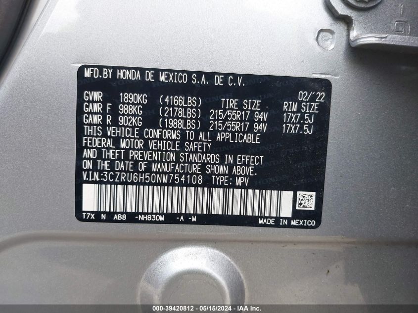 2022 Honda Hr-V Awd Ex VIN: 3CZRU6H50NM754108 Lot: 39420812