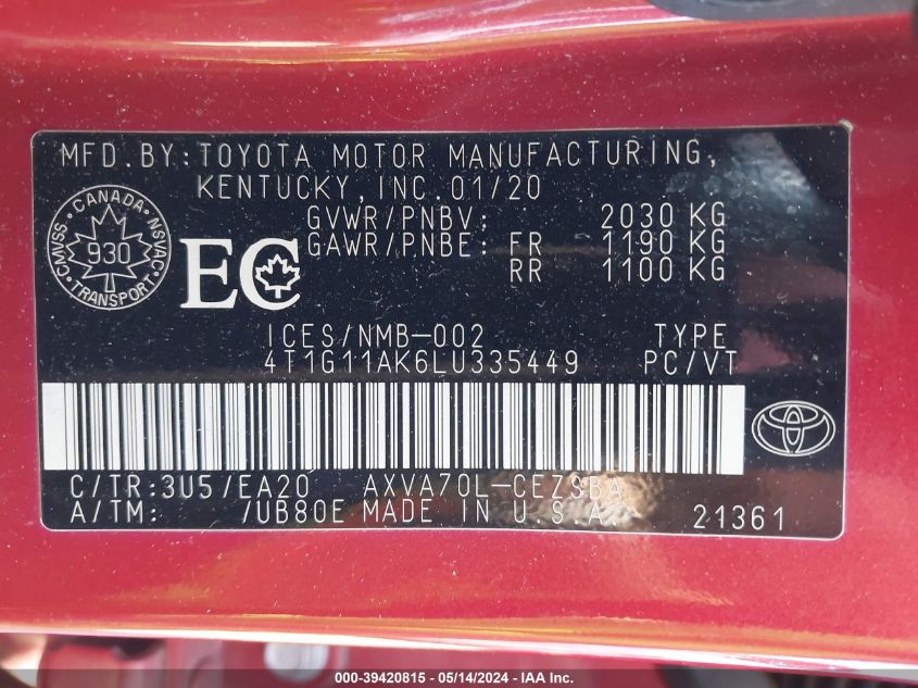 2020 Toyota Camry Se/Se Night Shade VIN: 4T1G11AK6LU335449 Lot: 39420815