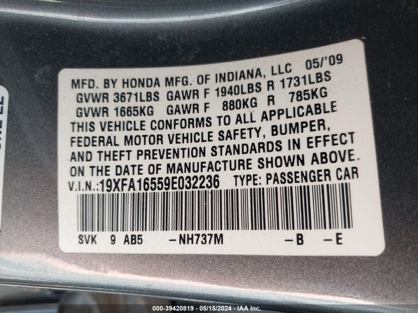 2009 Honda Civic Lx VIN: 19XFA16559E032236 Lot: 39420819