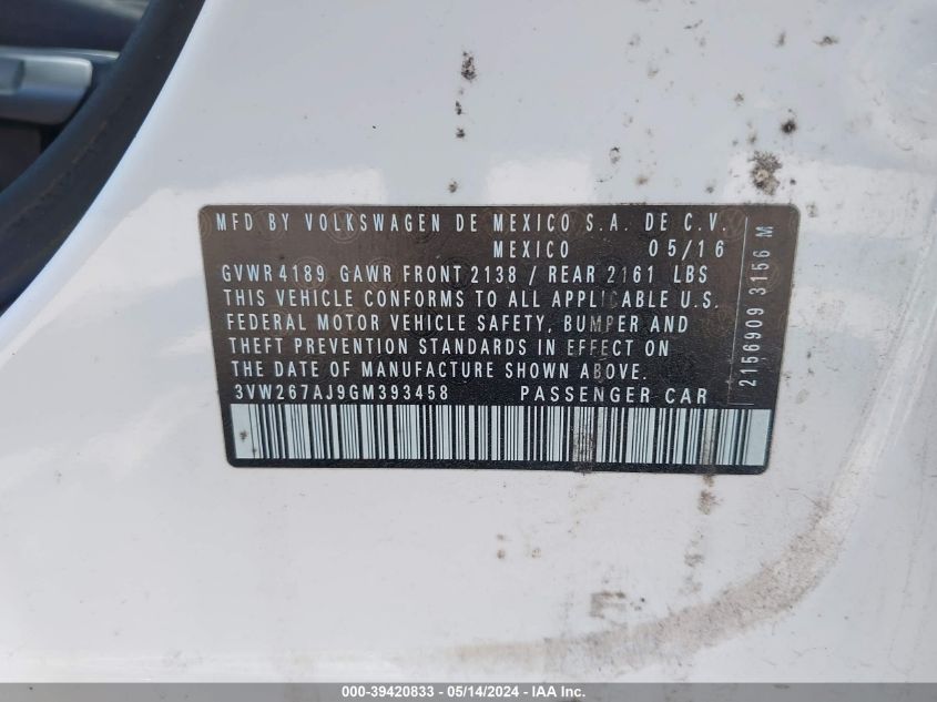 2016 Volkswagen Jetta 1.4T S VIN: 3VW267AJ9GM393458 Lot: 39420833