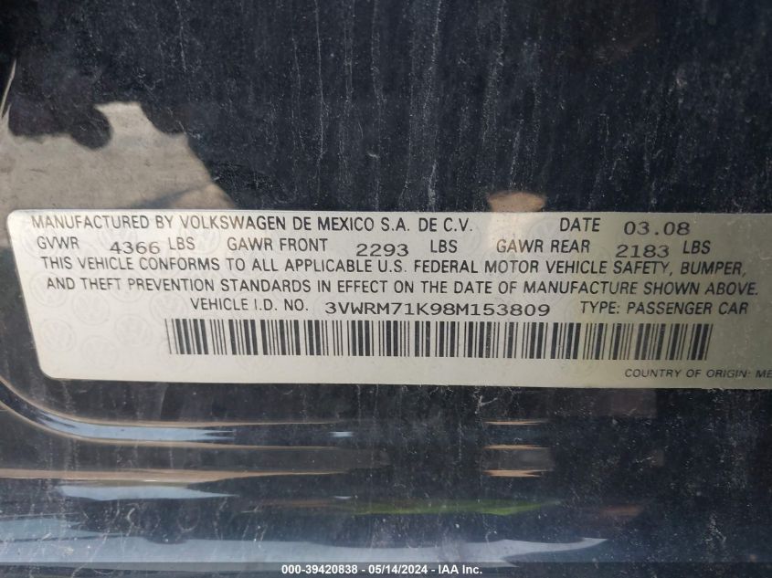 2008 Volkswagen Jetta Se/Sel VIN: 3VWRM71K98M153809 Lot: 39420838