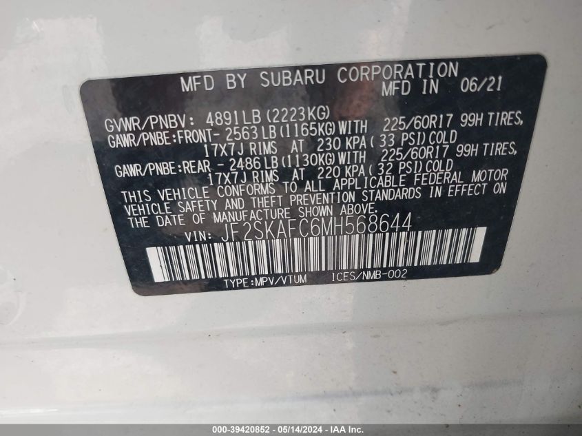 2021 Subaru Forester Premium VIN: JF2SKAFC6MH568644 Lot: 39420852