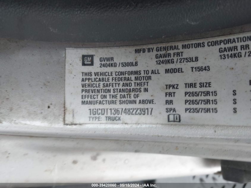 2004 Chevrolet Colorado VIN: 1GCDT136748223917 Lot: 39420860