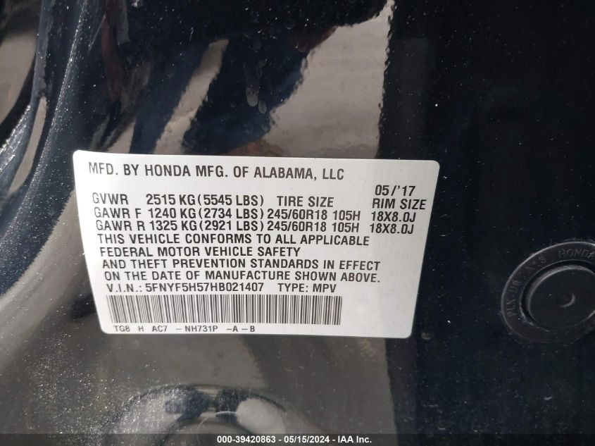 2017 Honda Pilot Ex-L VIN: 5FNYF5H57HB021407 Lot: 39420863