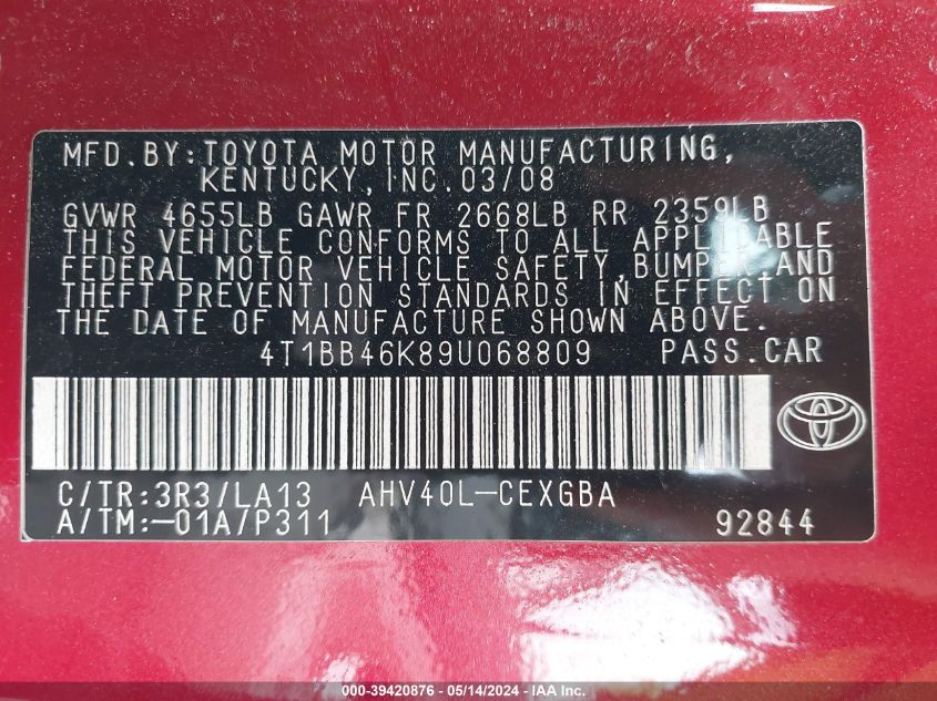 2009 Toyota Camry Hybrid VIN: 4T1BB46K89U068809 Lot: 39420876