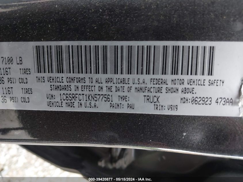2019 Ram 1500 Tradesman Quad Cab 4X4 6'4 Box VIN: 1C6SRFCT1KN577561 Lot: 39420877