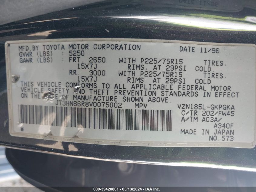 1997 Toyota 4Runner Sr5 V6 VIN: JT3HN86R8V0075002 Lot: 39420881
