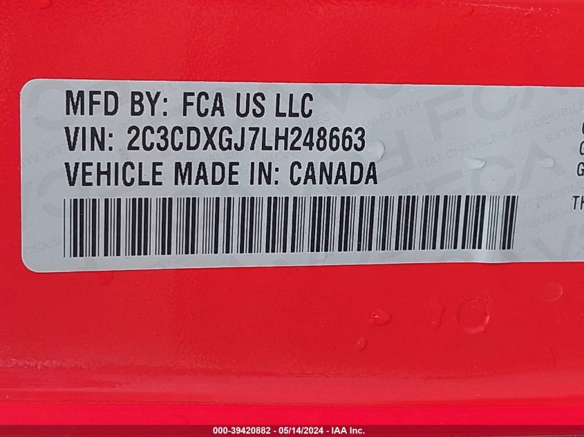 2020 Dodge Charger Scat Pack Rwd VIN: 2C3CDXGJ7LH248663 Lot: 39420882