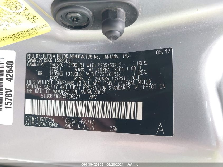 2012 Toyota Sienna Le V6 8 Passenger VIN: 5TDKK3DC8CS256221 Lot: 39420905