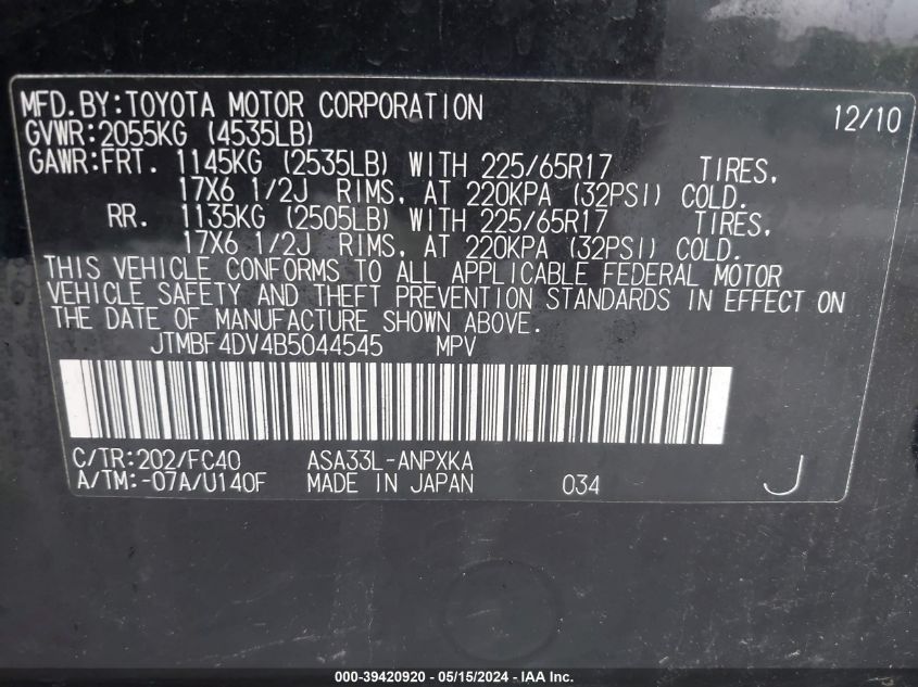 2011 Toyota Rav4 VIN: JTMBF4DV4B5044545 Lot: 39420920