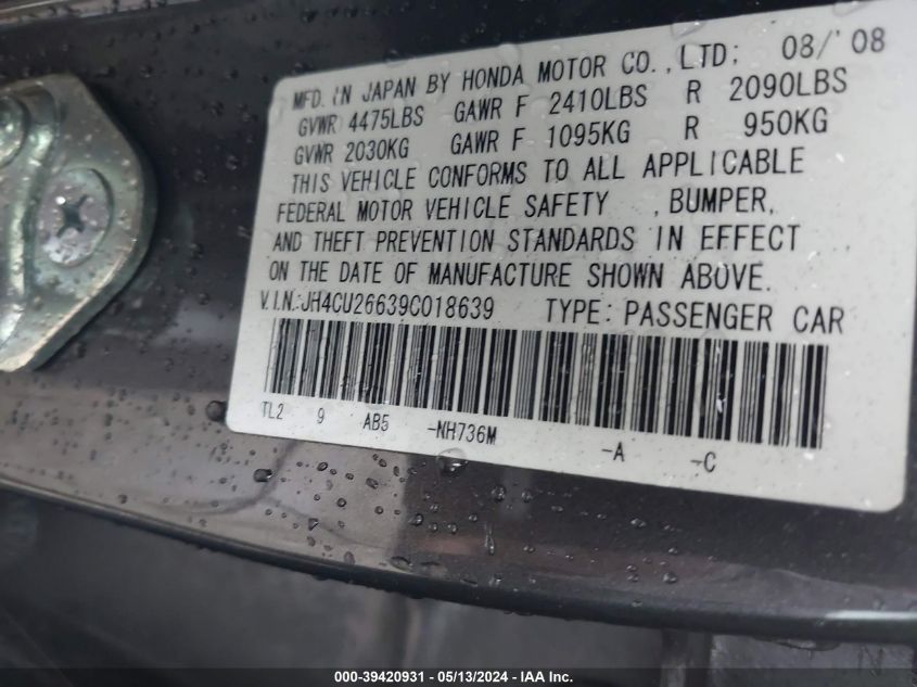 2009 Acura Tsx VIN: JH4CU26639C018639 Lot: 39420931