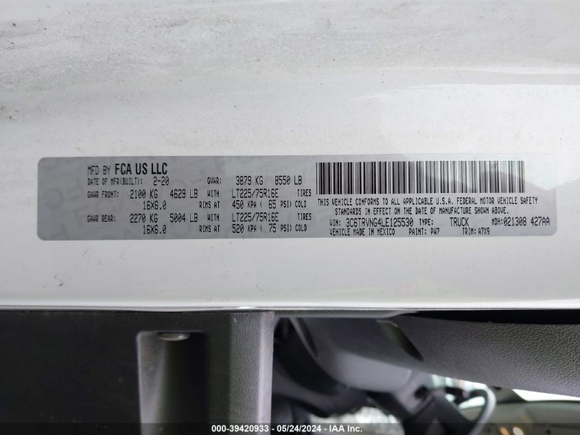 2020 Ram Promaster 1500 Low Roof 118 Wb VIN: 3C6TRVNG4LE125530 Lot: 39420933