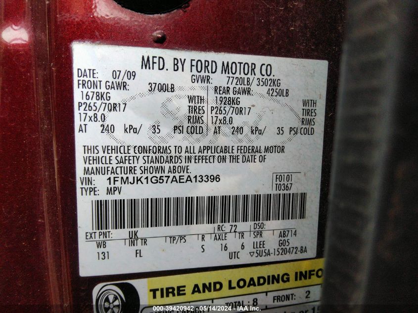 2010 Ford Expedition El Xlt VIN: 1FMJK1G57AEA13396 Lot: 39420942