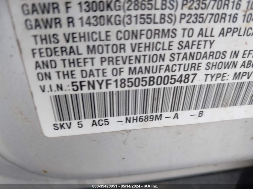 2005 Honda Pilot Ex-L VIN: 5FNYF18505B005487 Lot: 39420951