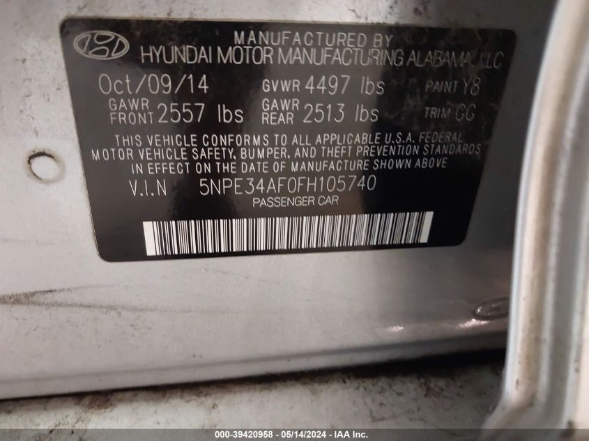 2015 Hyundai Sonata Sport VIN: 5NPE34AF0FH105740 Lot: 39420958