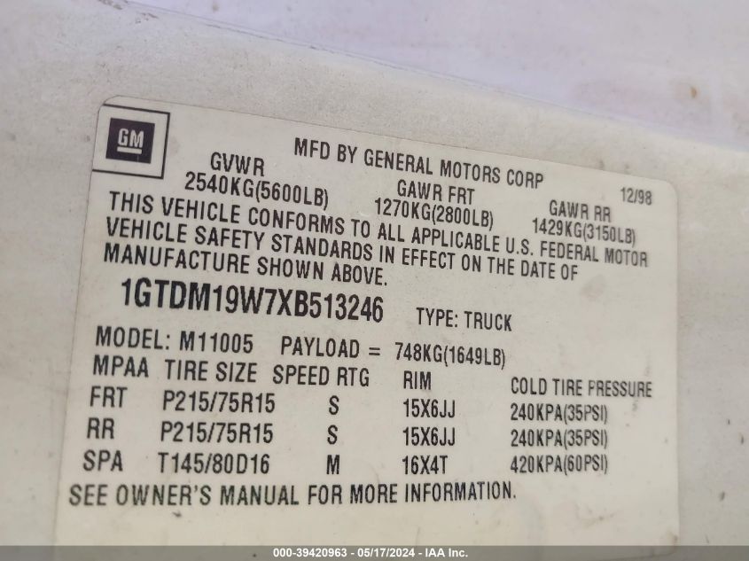 1999 GMC Safari Standard VIN: 1GTDM19W7XB513246 Lot: 39420963