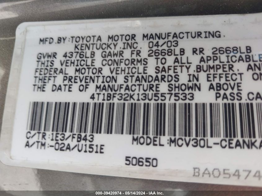 2003 Toyota Camry Le V6 VIN: 4T1BF32K13U557533 Lot: 39420974