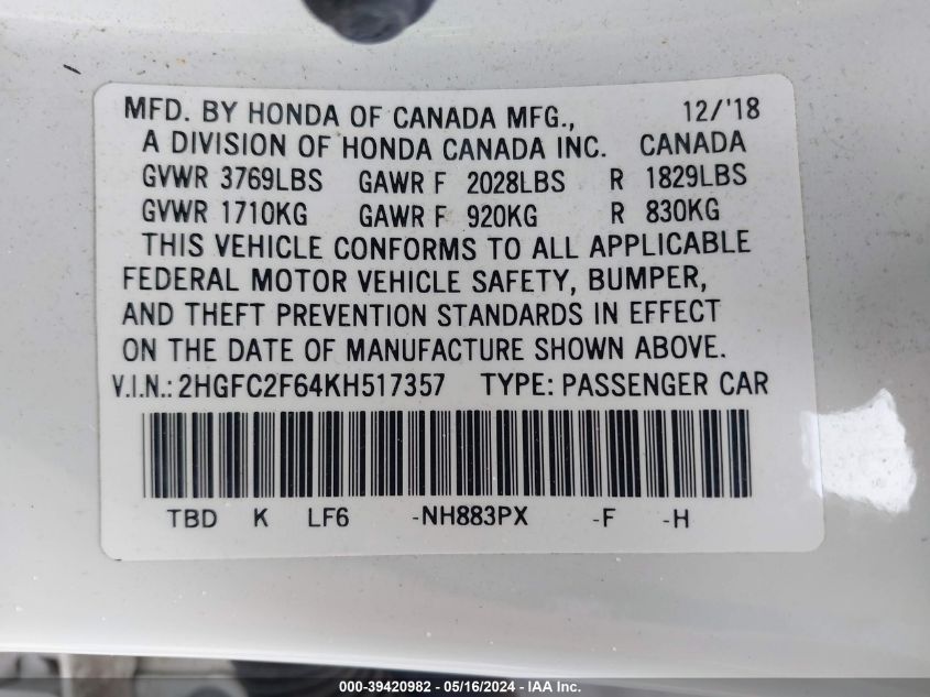 2019 Honda Civic Lx VIN: 2HGFC2F64KH517357 Lot: 39420982