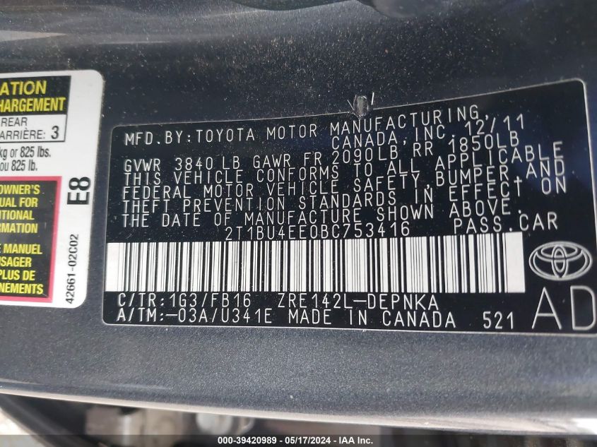 2011 Toyota Corolla Le VIN: 2T1BU4EE0BC753416 Lot: 39420989